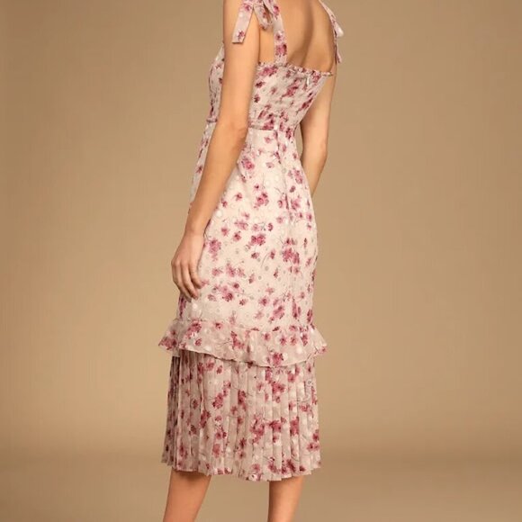 Lulu's Terrace Views Taupe Floral Print Tiered Midi Dress - Picture 2 of 8